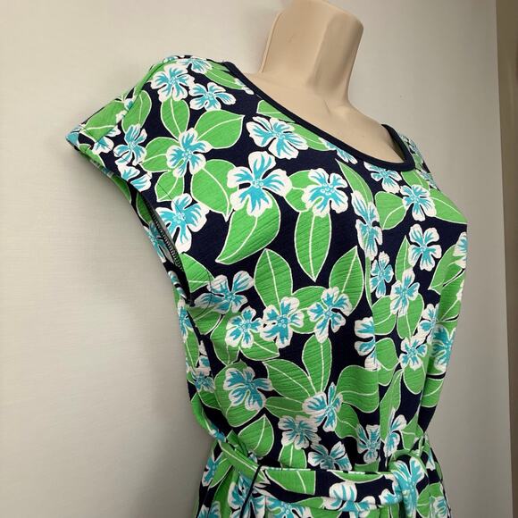 T by Talbots Blue Green Hawaiian Print Dress Tie Waist Navy Trimmed Caged Back - Picture 7 of 16